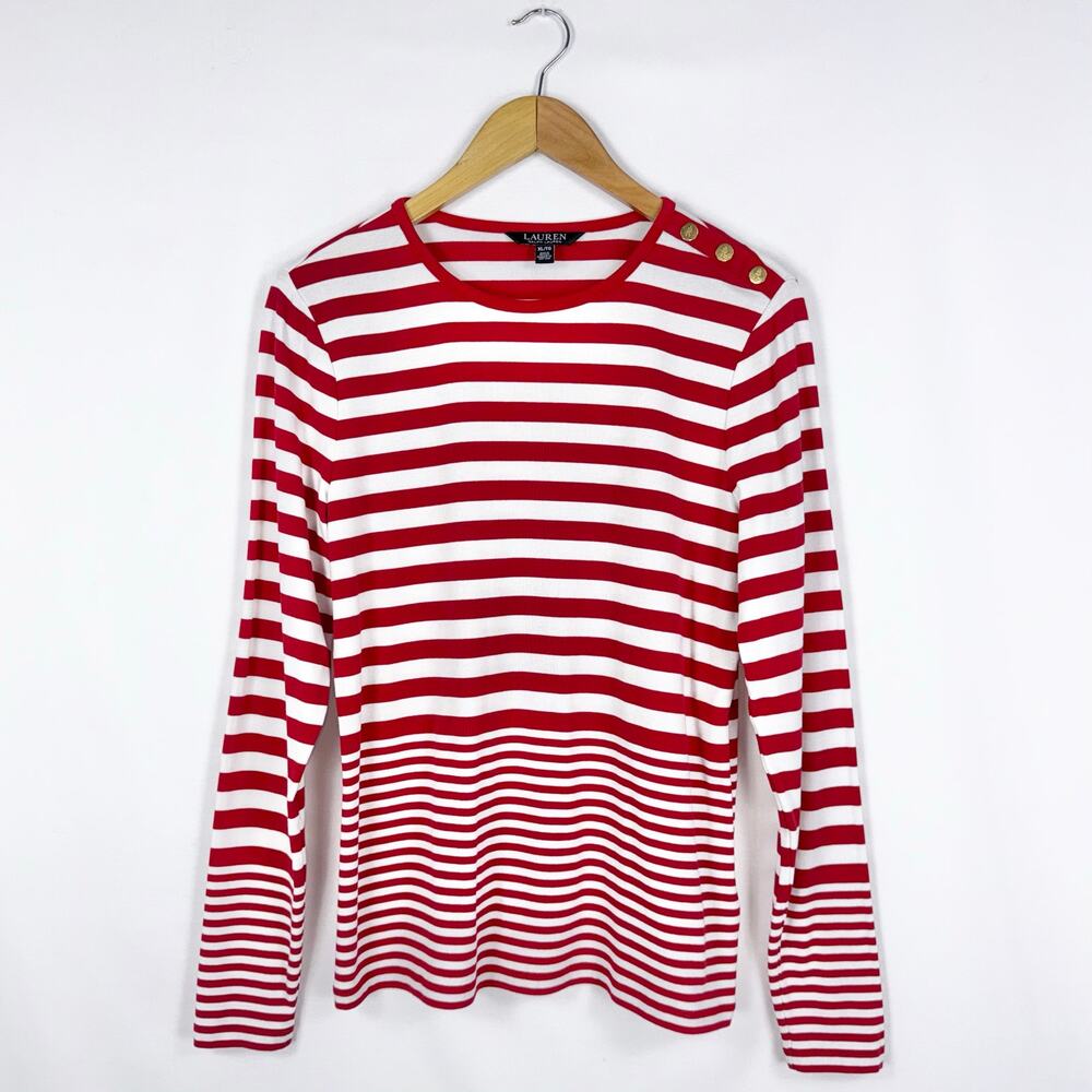 Lauren Ralph Lauren Stripe Button Long Sleeve Tee Shirt XL Red White